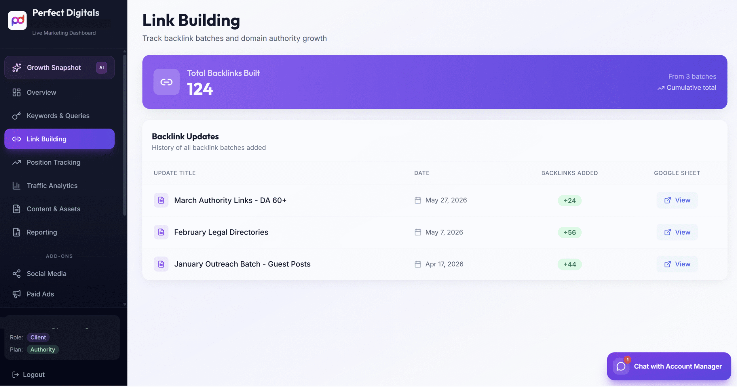 Monitor backlink growth, authority building activities, and ongoing SEO off page execution in one place.