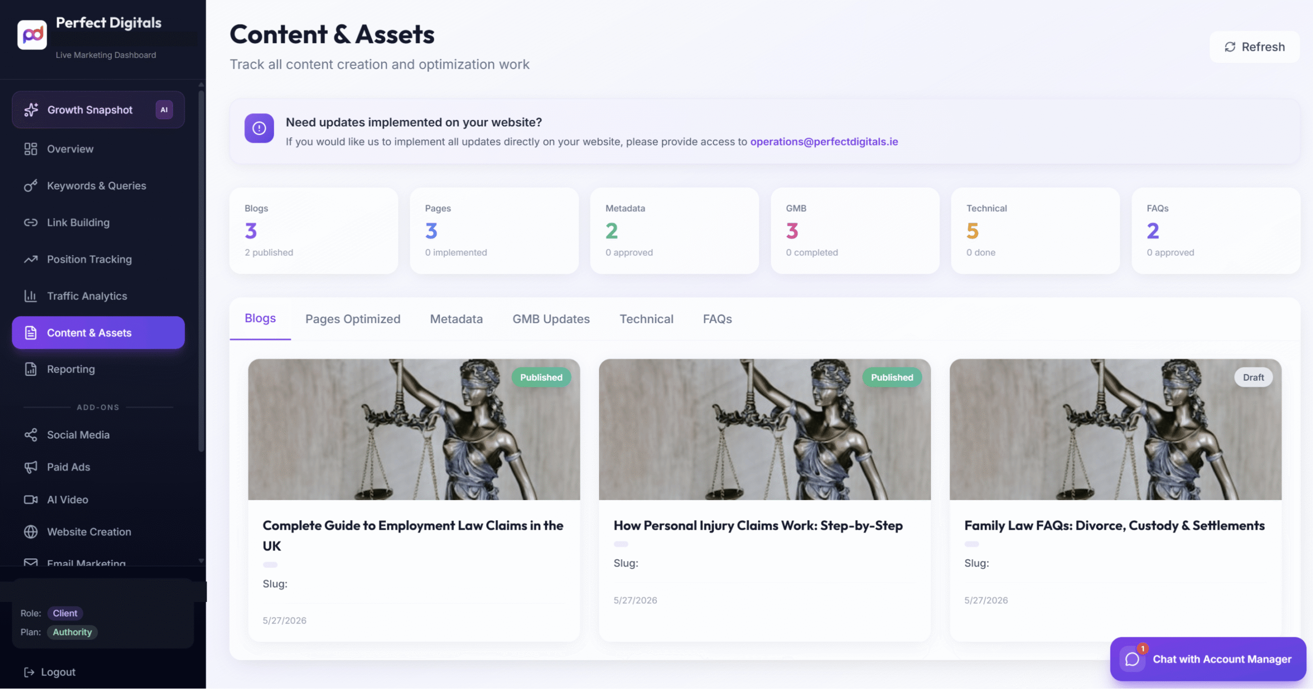 Manage blogs, website updates, metadata, technical SEO tasks, and content approvals through a connected workflow