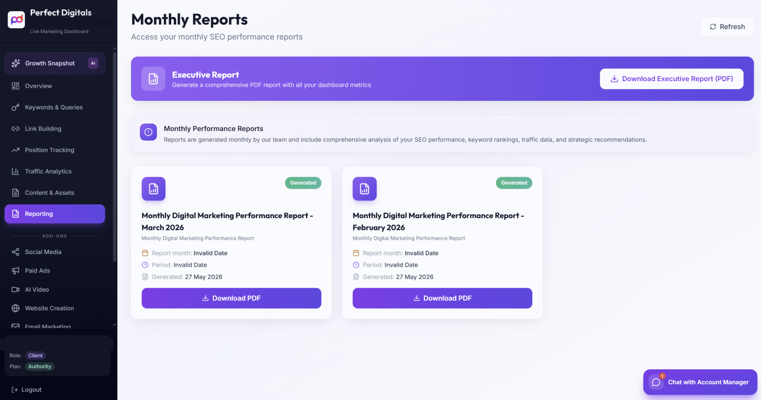Access live reporting, downloadable performance summaries, and transparent visibility into ongoing digital marketing progress.